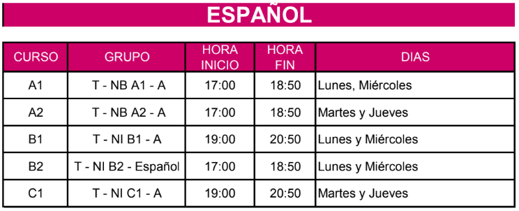 Niveles y horarios español 2026-27
